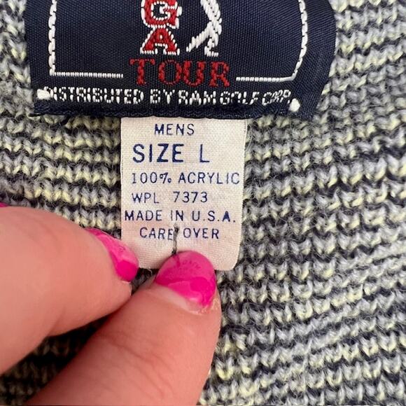 VTG 90s PGA Tour Spell Out Sweater Mens L Geometric Golf USA Gray Navy Blue - Picture 4 of 8